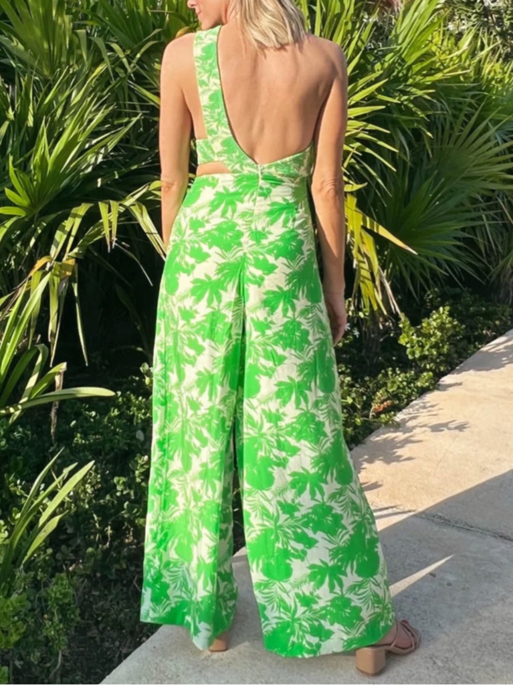 Green Palm-Print One-Shoulder Jumpsuit size M/L